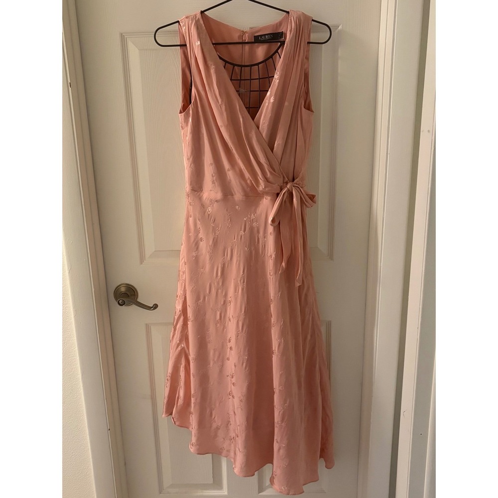 Lauren Ralph Lauren Pink Jacquard Satin Faux Wrap Midi Dress Size 8